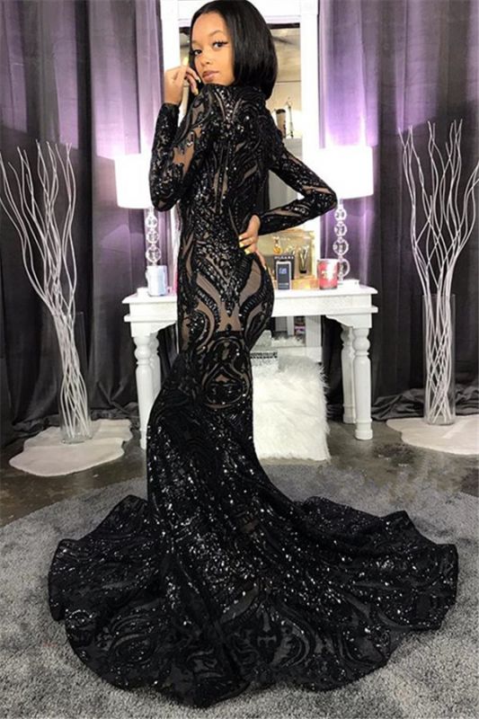 High Neck Shiny Appliques Black Girl Prom Dress | Mermaid Long Sleeve Prom Gown Secondary image