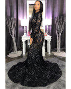 High Neck Shiny Appliques Black Girl Prom Dress | Mermaid Long Sleeve Prom Gown
