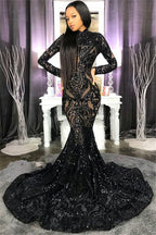 High Neck Shiny Appliques Black Girl Prom Dress | Mermaid Long Sleeve Prom Gown