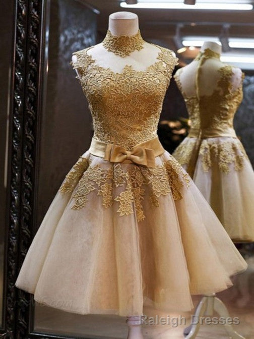 High Neck Short Golden Lace Prom Dresses, Short Graduation Dresses, Homecoming Dresses Main image
