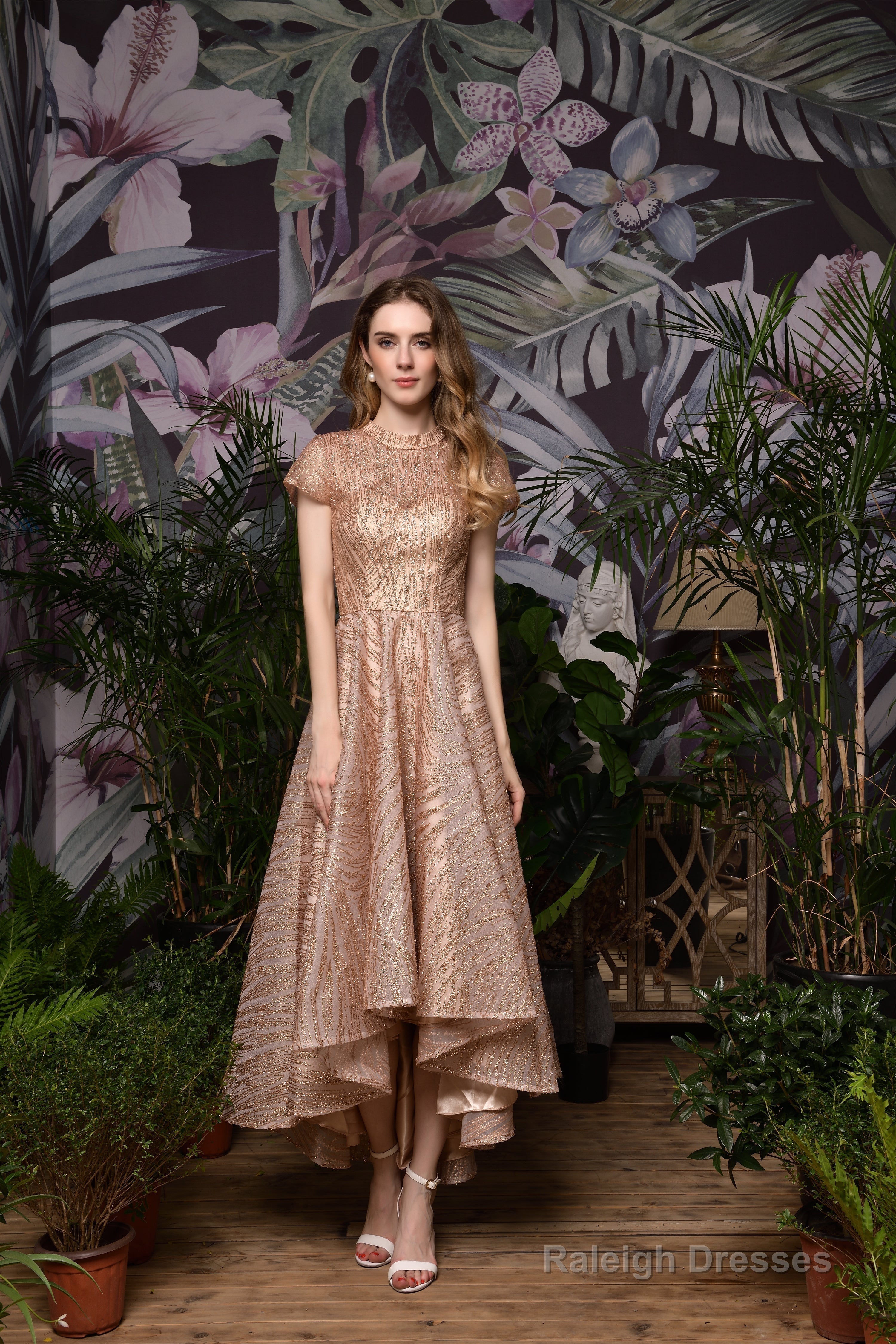 High neck Short Sleeve Champagne Sequined High Low Prom Dresses Main image