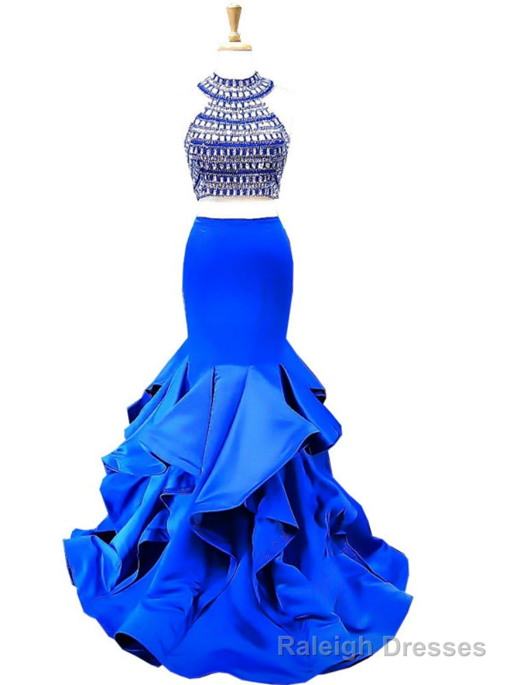 High Neck Sleeveless Beaded Crystals Royal Blue Mermaid Two Piece Prom Dresses Main image