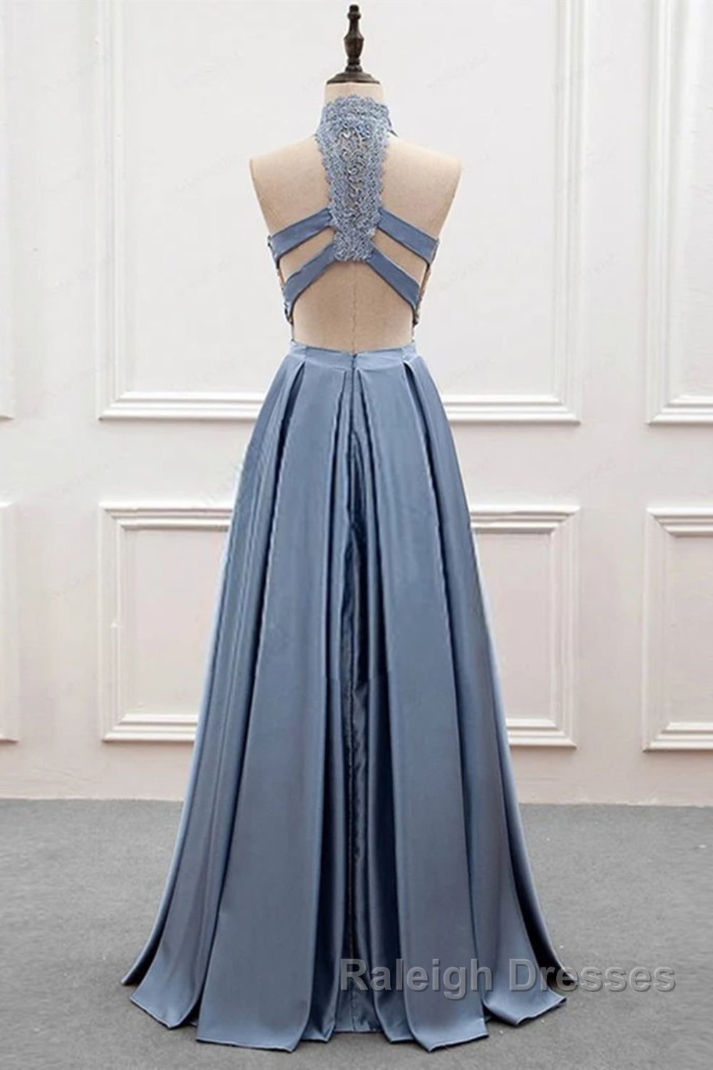 High Neck Two Pieces Blue Lace Long Prom Dress, 2 Pieces Blue Lace Formal Dress, Blue Evening Dress Secondary image