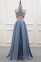 High Neck Two Pieces Blue Lace Long Prom Dresses 2 Pieces Blue Lace Prom Dresses Blue Prom Dresses