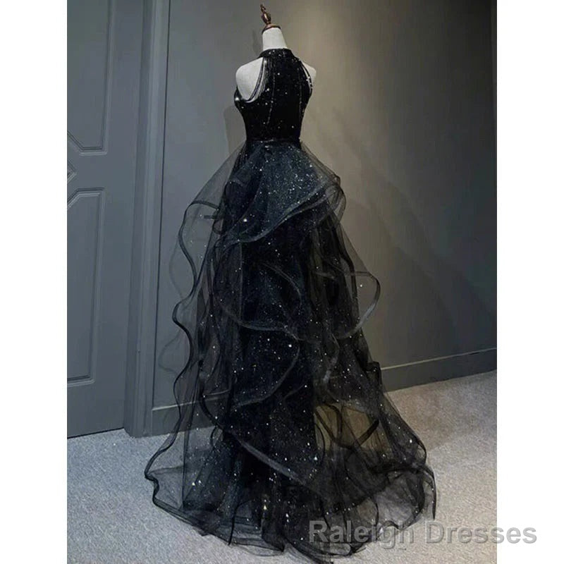 High Neckline Black Halter Shiny Tulle And Sequins Party Dress Black Tulle Prom Dress prom dresses shops Secondary image