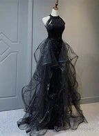 High Neckline Black Halter Shiny Tulle And Sequins Party Dress Black Tulle Prom Dress prom dresses shops