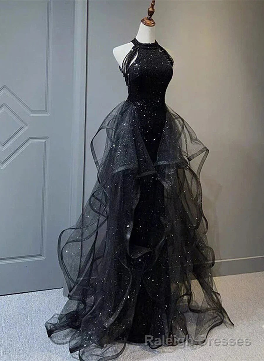 High Neckline Black Halter Shiny Tulle And Sequins Party Dress Black Tulle Prom Dress prom dresses shops