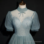 High Quality Beaded Short Sleeves Formal Dress, Tulle A-line Party Dress Prom Dress