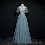 High Quality Beaded Short Sleeves Formal Dress, Tulle A-line Party Dress Prom Dress