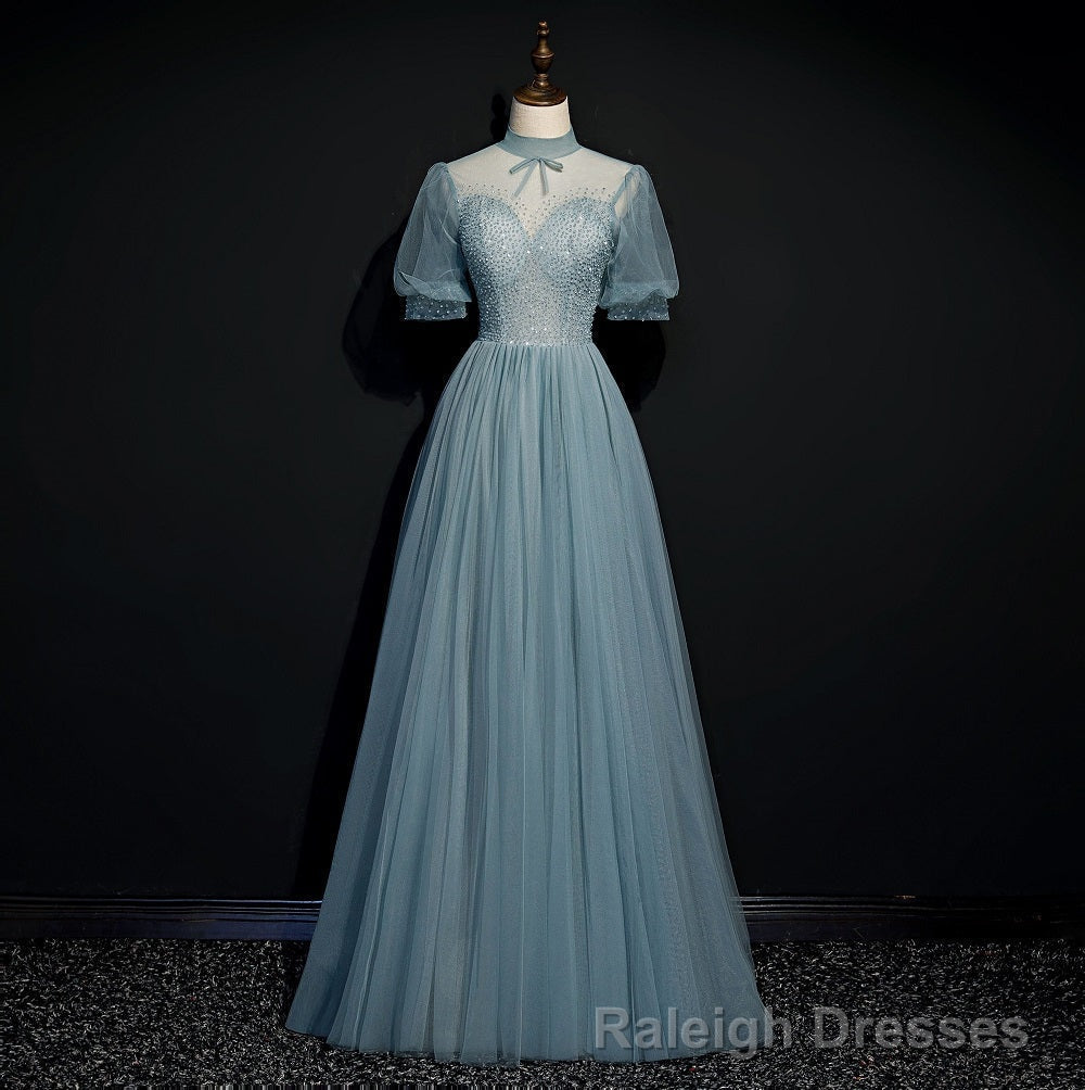 High Quality Beaded Short Sleeves Formal Dress, Tulle A-line Party Dress Prom Dress