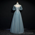 High Quality Beaded Short Sleeves Formal Dress, Tulle A-line Party Dress Prom Dress