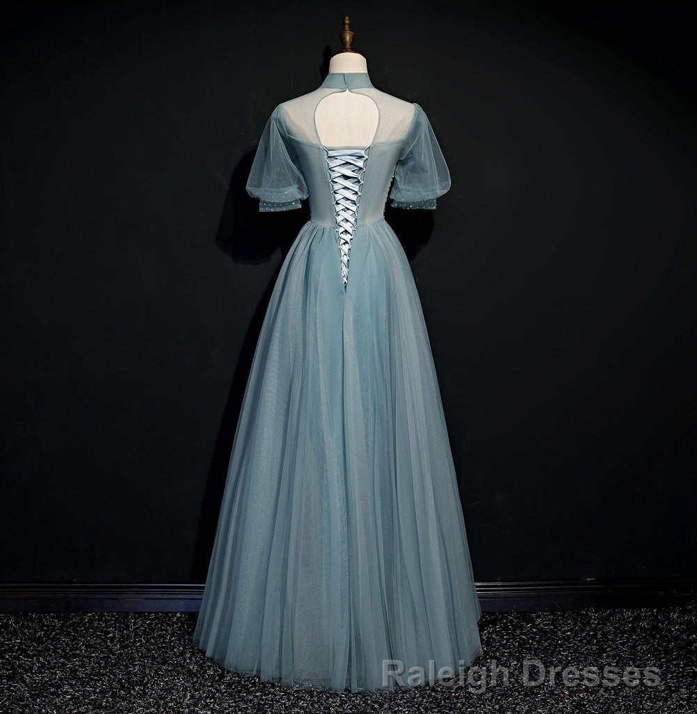 High Quality Beaded Short Sleeves Formal Dress, Tulle A-line Party Dress Prom Dress