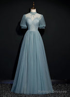 High Quality Beaded Short Sleeves Formal Dress, Tulle A-line Party Dress Prom Dress