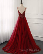 High Quality Burgundy Straps Beaded Long Party Dress, Long Junior Prom Dress