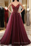 High Quality Burgundy Straps Beaded Long Party Dress, Long Junior Prom Dress