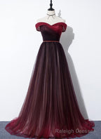 High Quality Gradient Dark Red Sweetheart Long Prom Dress, Tulle Prom Dress
