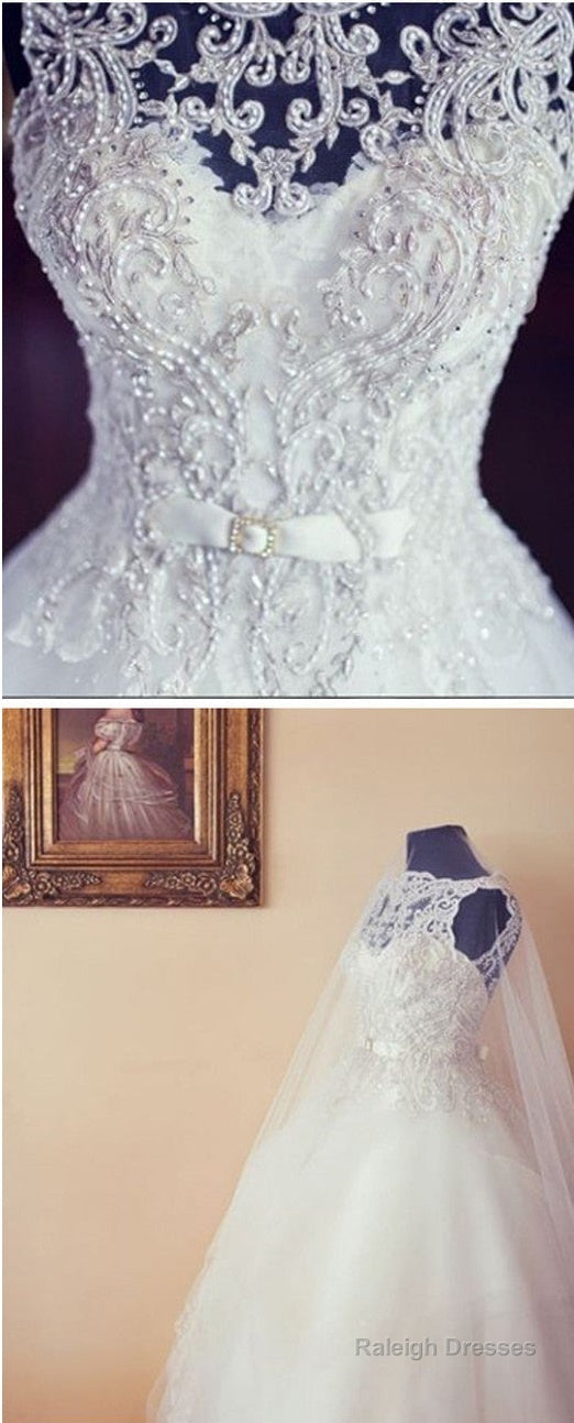 High Quality Long A-Line Lace Sleeveless Bateau Neck Clairvoyant Outfit Back Wedding Dress With Pearls