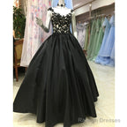 High Quality Satin With Lace Applique Round Neckline Formal Gown, Black Party Dresses Prom Dress