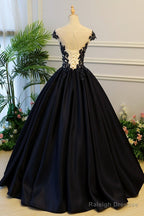 High Quality Satin With Lace Applique Round Neckline Prom Gowns Black Prom Dress