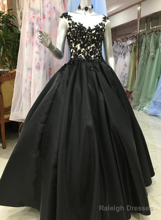 High Quality Satin With Lace Applique Round Neckline Formal Gown, Black Party Dresses Prom Dress Main image