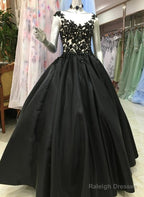 High Quality Satin With Lace Applique Round Neckline Formal Gown, Black Party Dresses Prom Dress