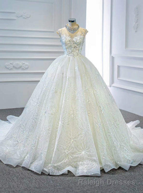 High Quality White Ball Gown Tulle High Neck Backless Beading Sequins Wedding Dress Main image