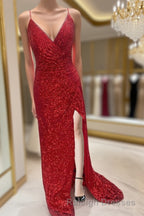 High Slit Blue Sequins Straps Mermaid Evening Gown,Ball Gowns Prom Dresses