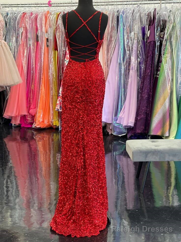 High Slit Sequin Red Prom Dresses Long V Neckline Mermaid Evening Dress