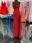 High Slit Sequin Red Prom Dresses Long V Neckline Mermaid Evening Dress