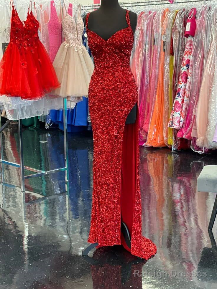 High Slit Sequin Red Prom Dress Long V Neckline Mermaid Prom Dresses