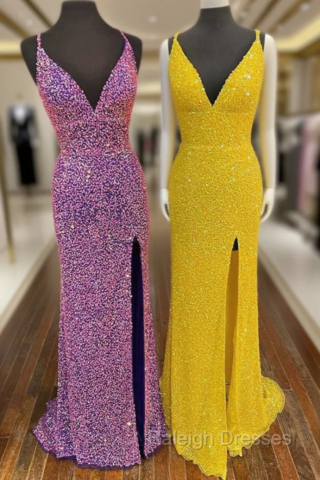Hight Slit Yellow Sequins Halter Prom Dress Main image