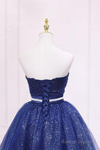 Homecoming Dress With Belt, Sparkly Blue Formal Evening Dress