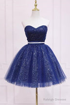 Homecoming Dress With Belt, Sparkly Blue Formal Evening Dress