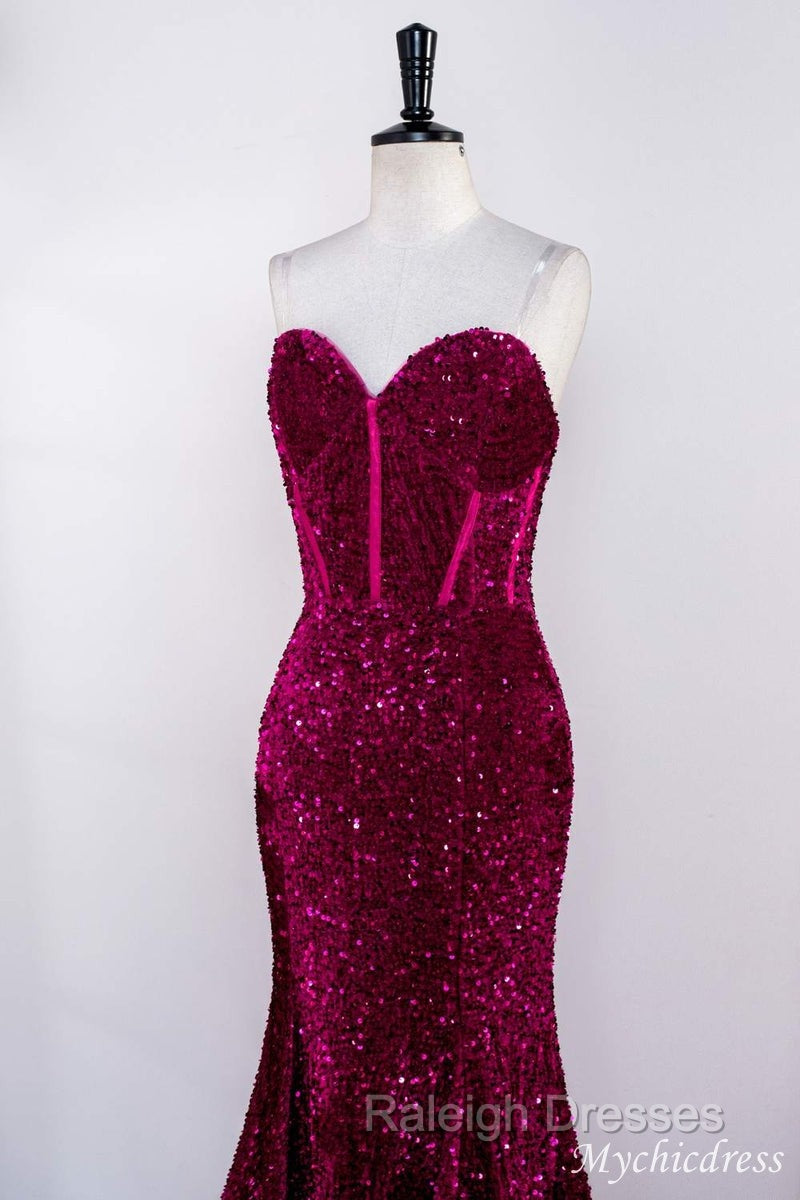 Hot Fuchsia Sequin Mermaid Prom Evening Dresses Sweetheart