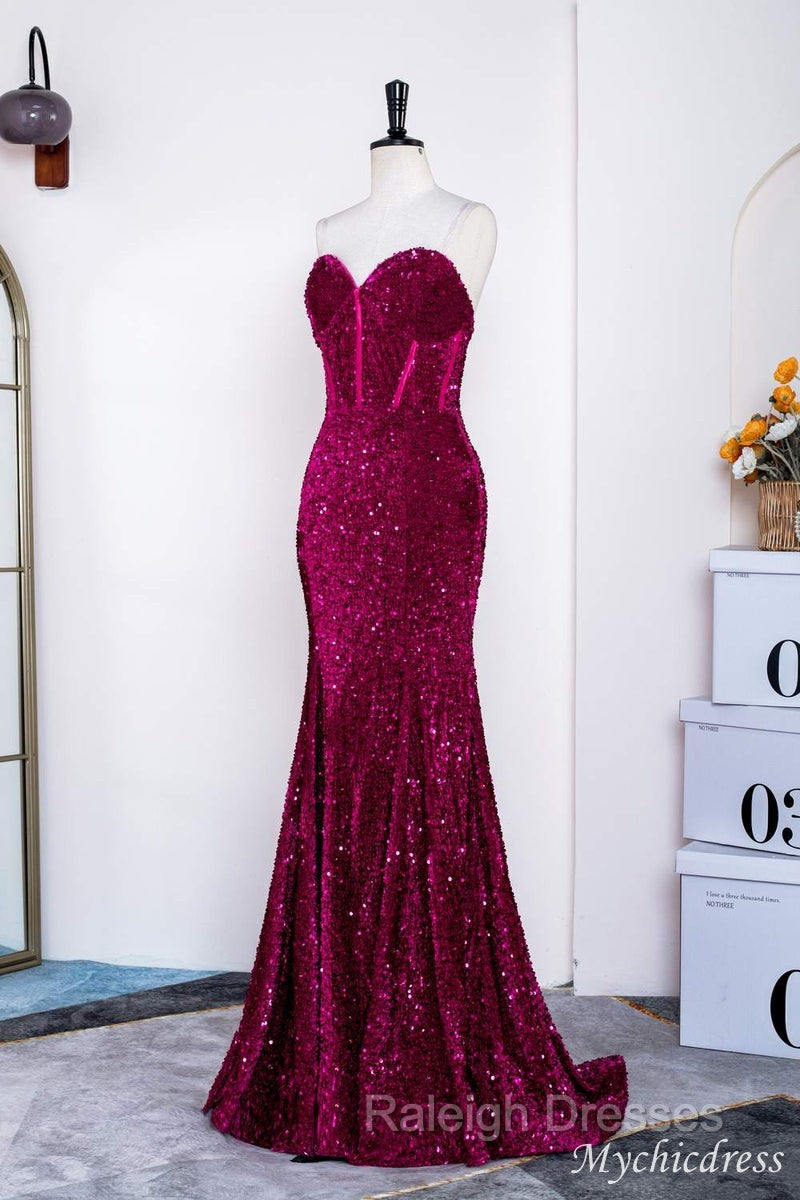 Hot Fuchsia Sequin Mermaid Prom Evening Dresses Sweetheart