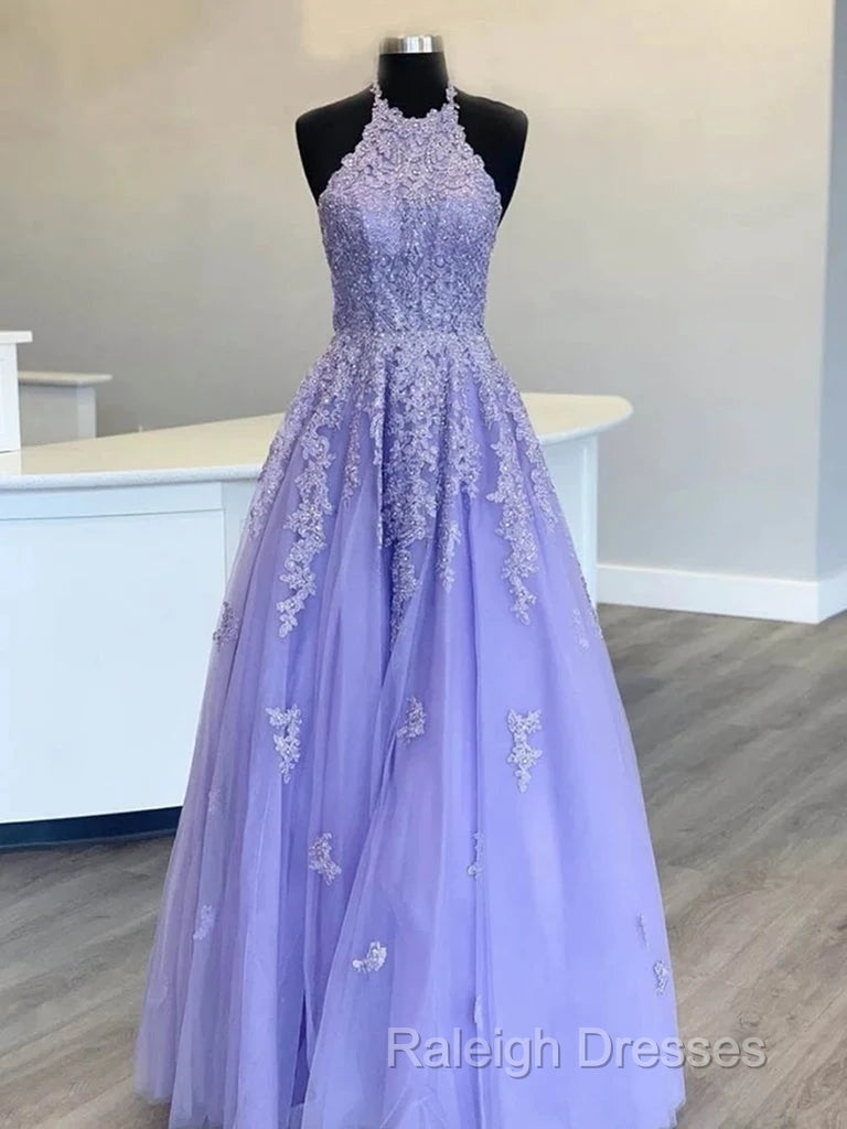 Hot Halter Purple Prom Dress Lace Long Graduation Prom Dress