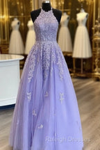 Hot Halter Purple Prom Dress Lace Long Graduation Prom Dress