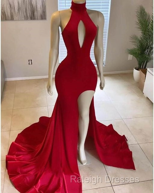 Hot Long  Red Prom Dress High Neck Satin Mermaid Evening Dress Uk Split Secondary image