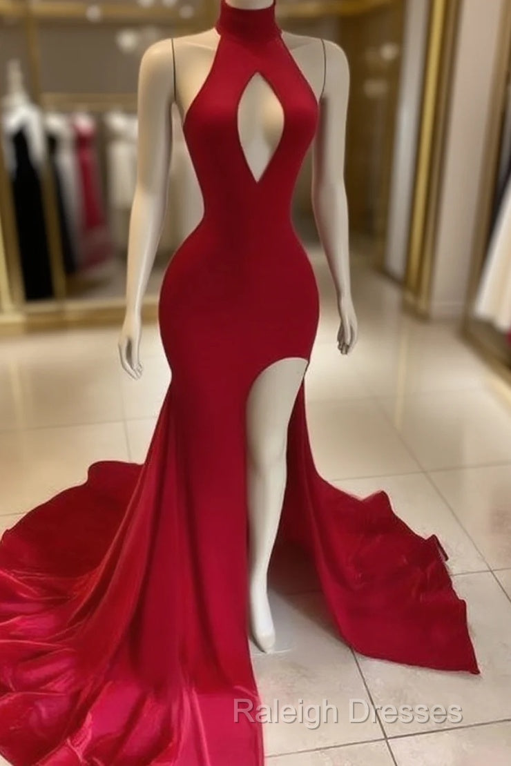 Hot Long  Red Prom Dress High Neck Satin Mermaid Evening Dress Uk Split Main image