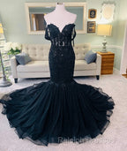 Hot Mermaid Lace Gothic Wedding Dress Black Applique Off Shoulder