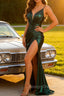 Hot Mermaid Spaghetti Straps Dark Green Long Prom Dress with Open Back