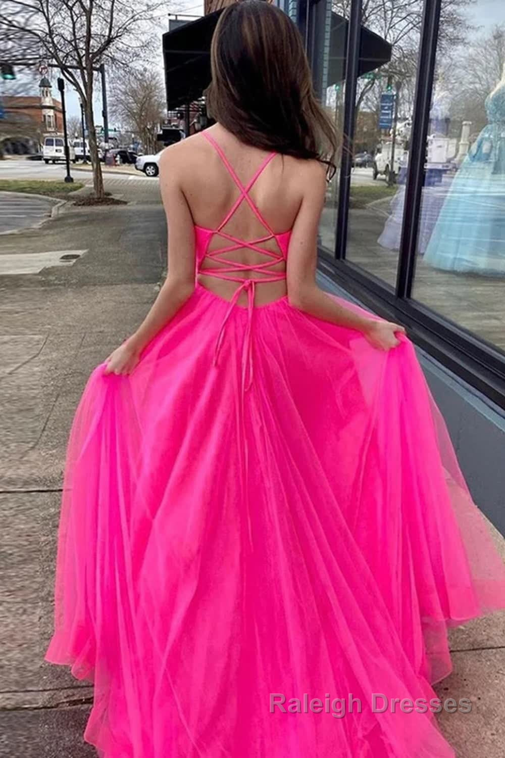 Hot Pink A Line Tulle Long Prom Dress with Pockets
