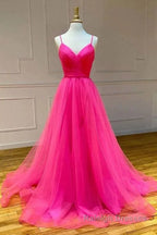 Hot Pink A Line Tulle Long Prom Dress with Pockets