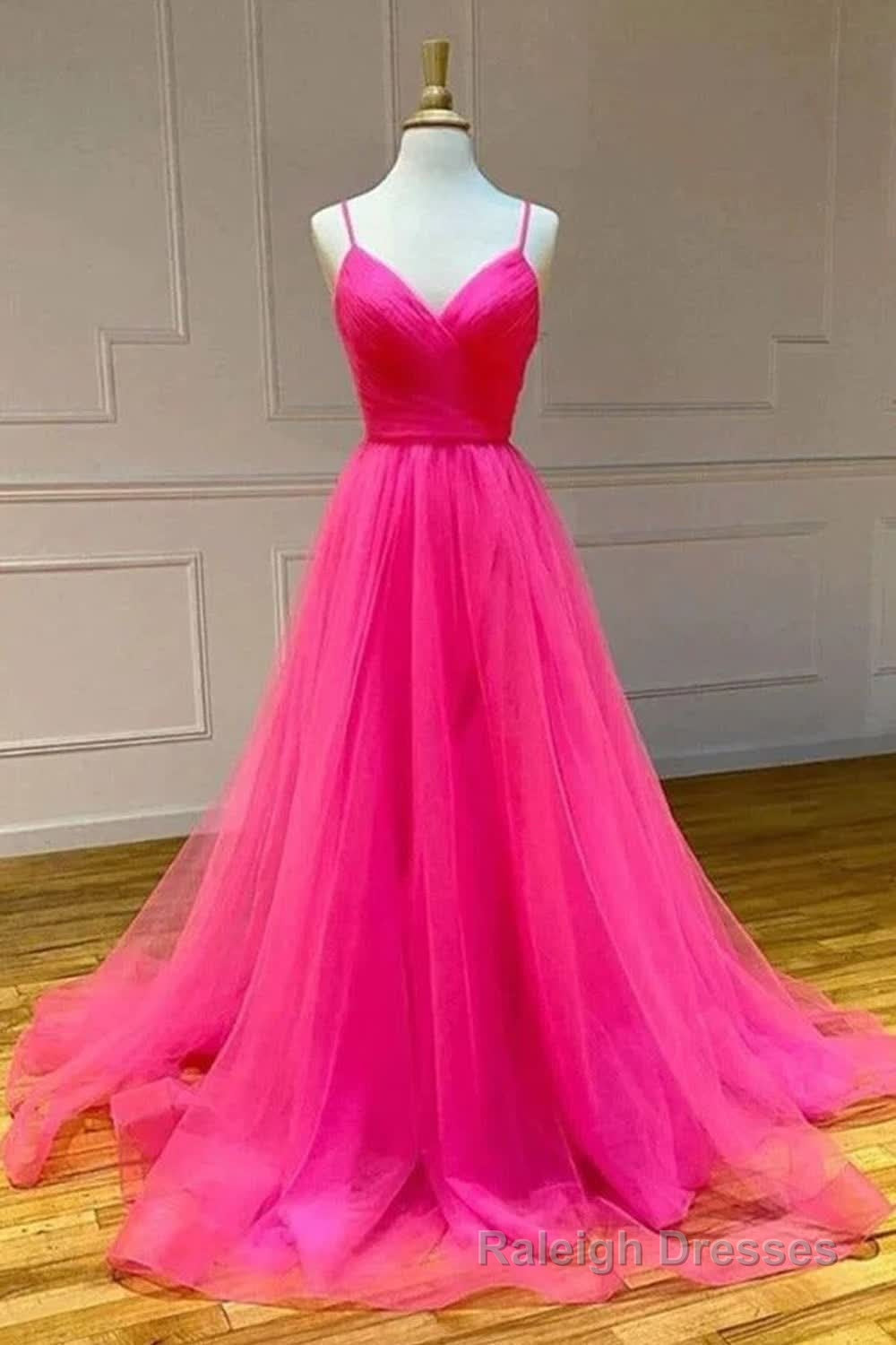 Hot Pink A Line Tulle Long Prom Dress with Pockets