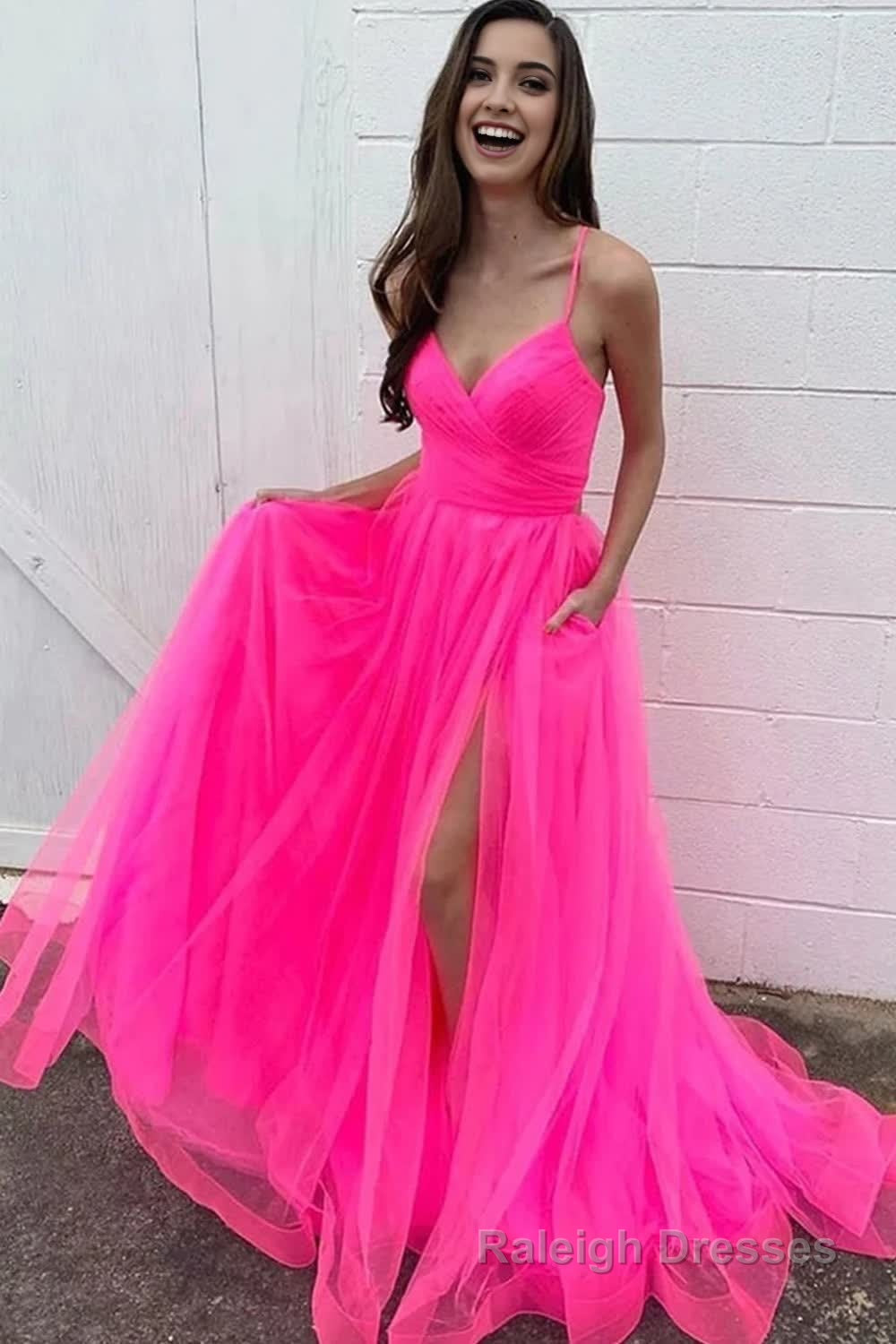 Hot Pink A-Line Tulle Long Prom Dress with Pockets Main image