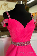 Hot Pink Beaded Cold-Shoulder A-Line Prom Dress