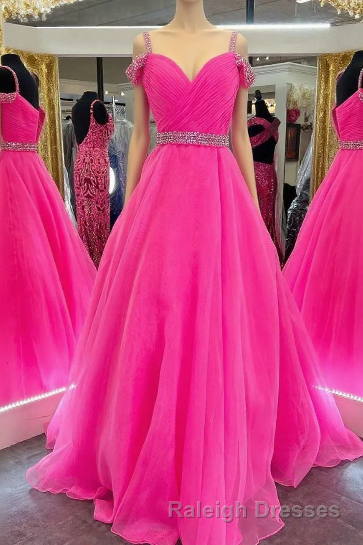 Hot Pink Beaded Cold-Shoulder A-Line Prom Dress Main image