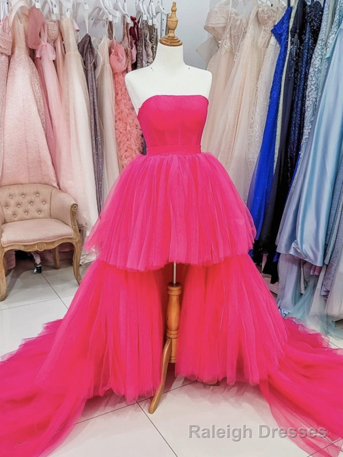 Hot Pink High Low Prom Dresses, Hot Pink High Low Formal Evening Dresses Main image