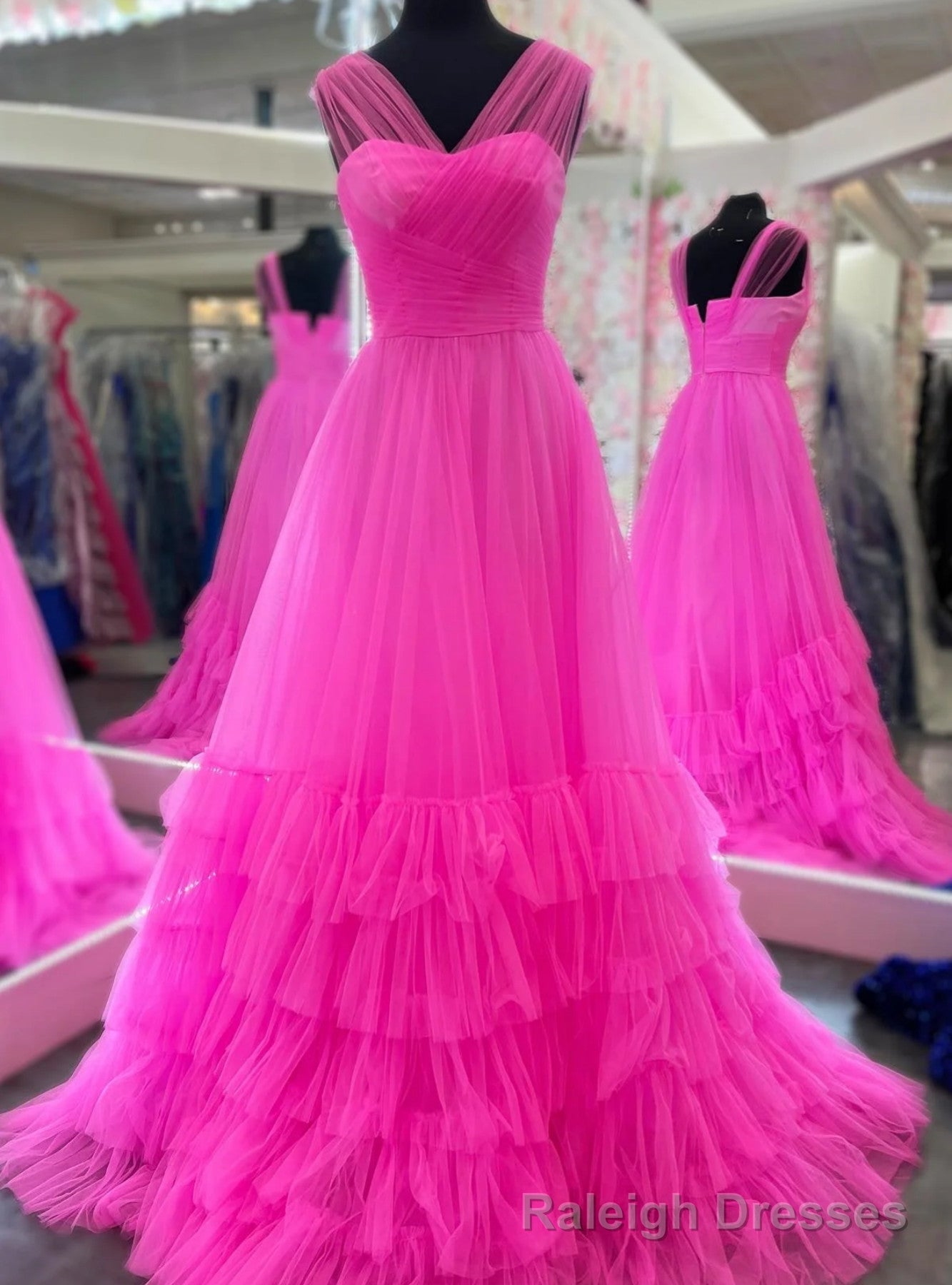 Hot Pink Illusion Tulle Pleats Prom Dress Main image