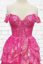 Hot Pink Lace Off Shoulder Tiered Prom Dress With Slit